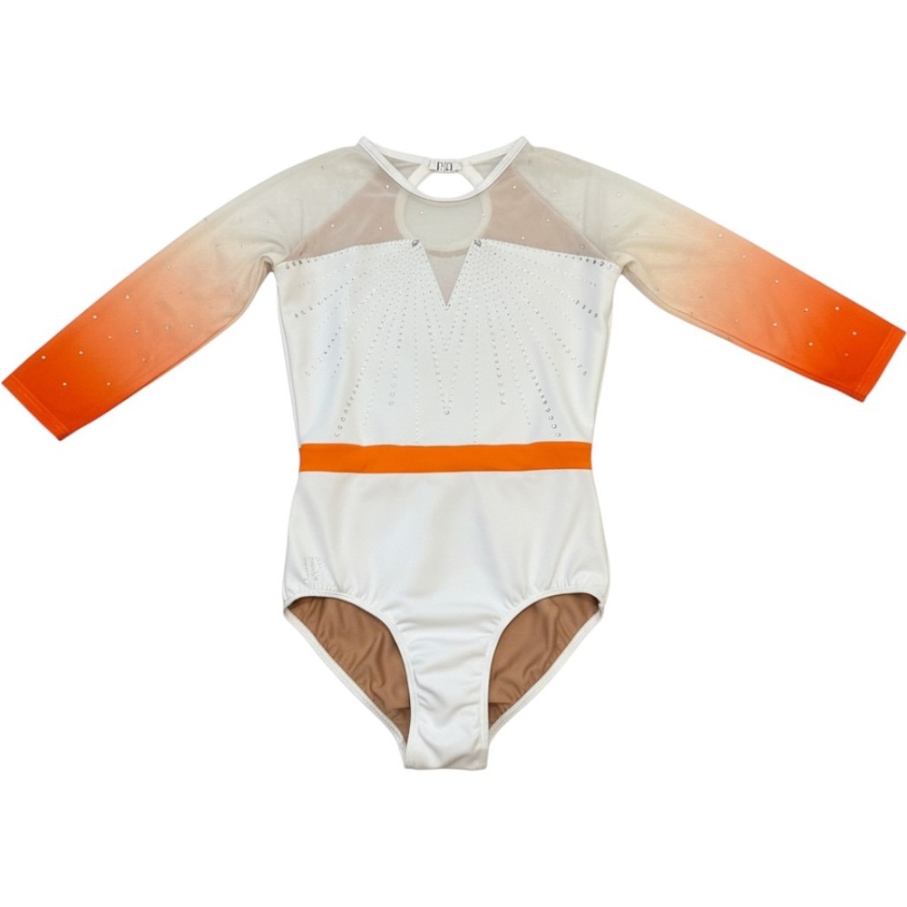 Sylvia P Leotard Adult XS White Orange Ombre Rhinestone Long Sleeve Gymnastics